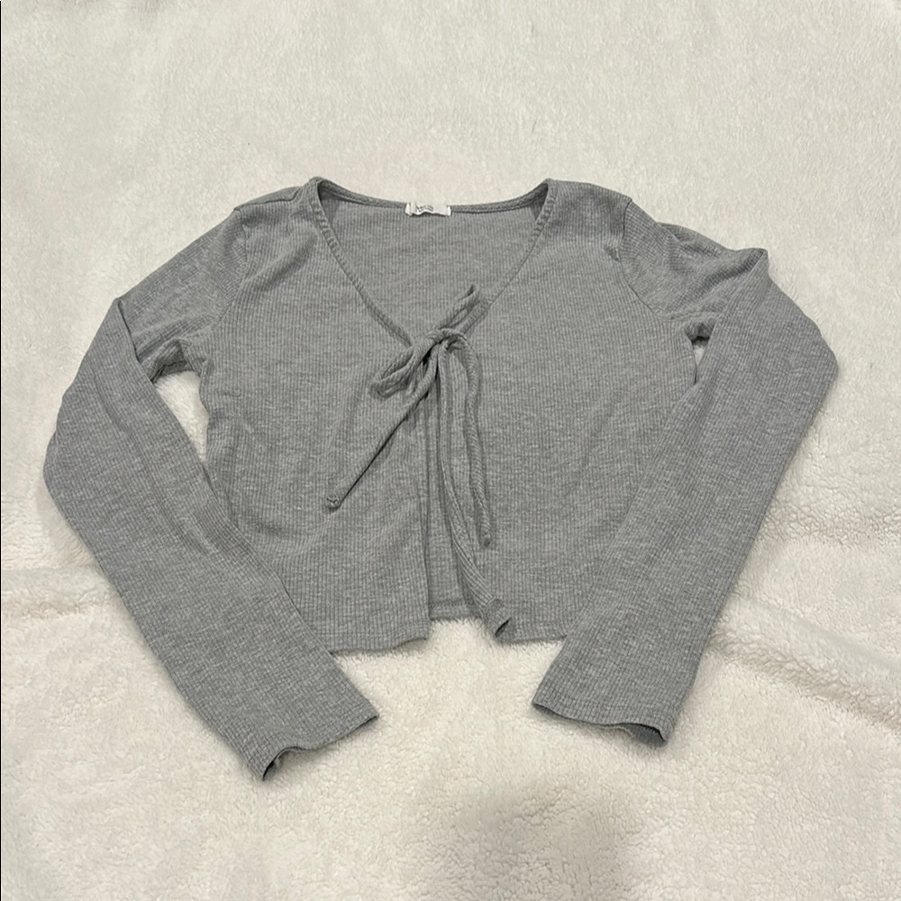 Gray Long Sleeve Tie-Front Top